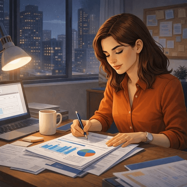 a woman working on a report in the evening