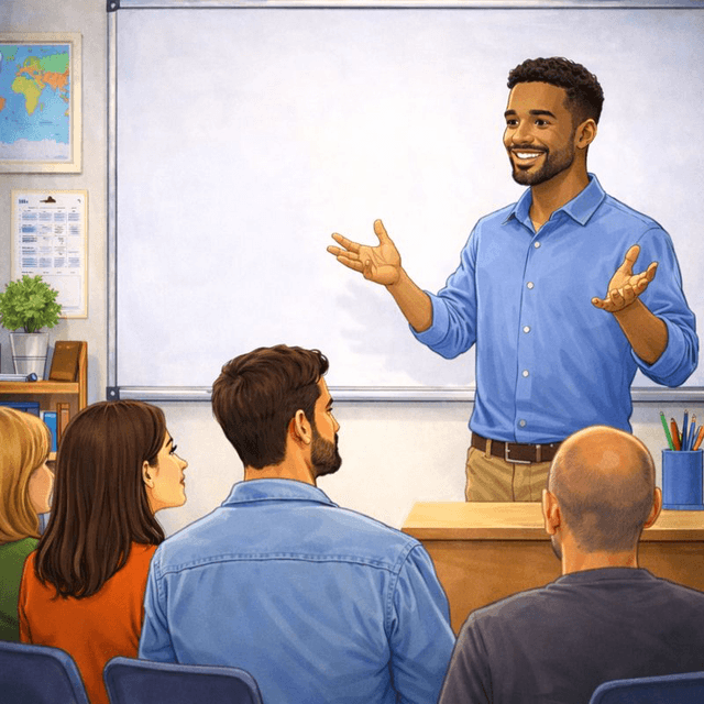 a teacher speaking in front of the students