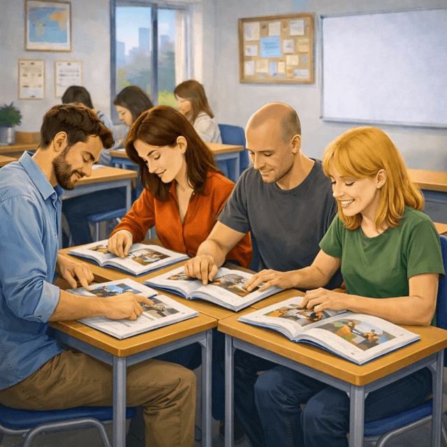 students are looking at pictures in a book