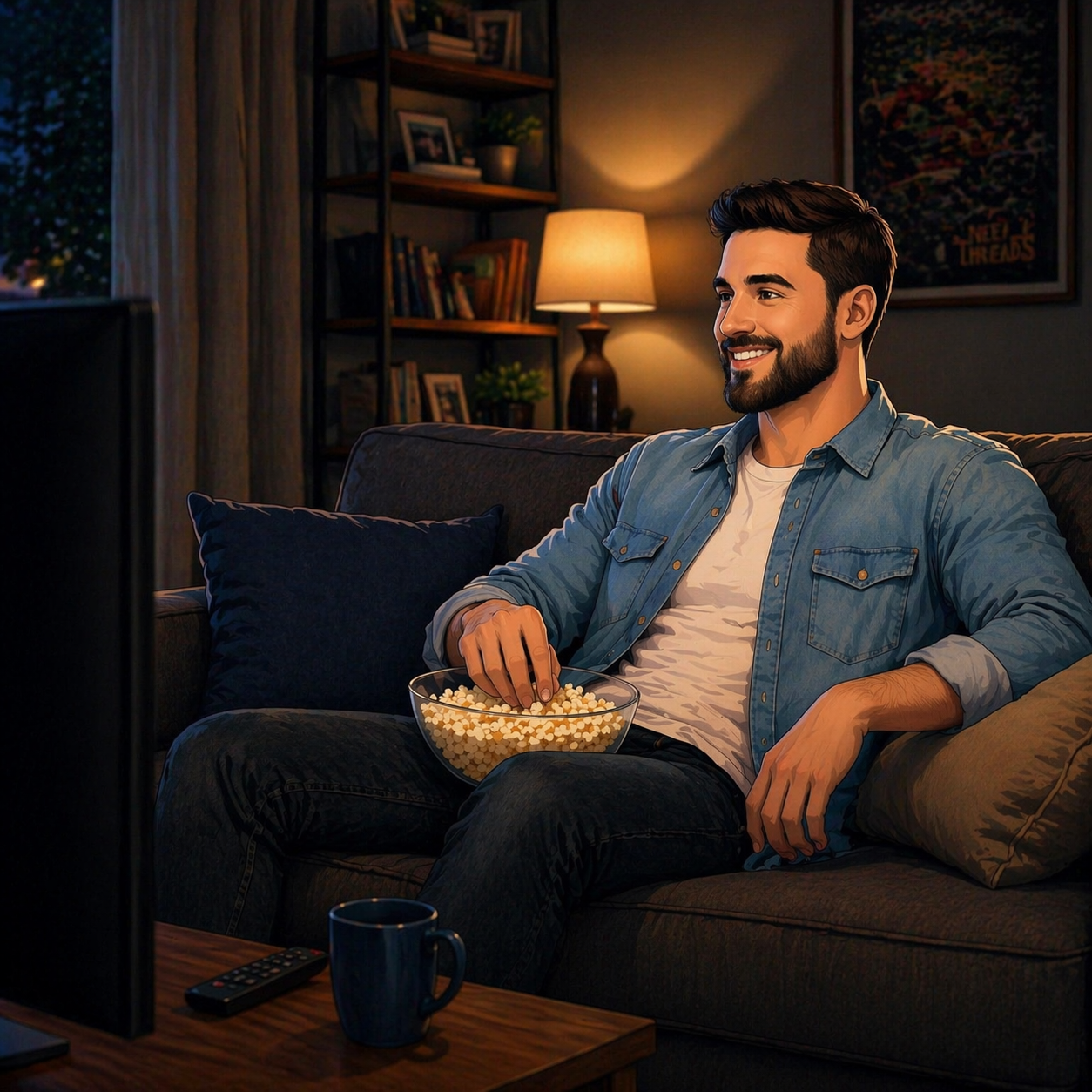 Eric watching a movie at night