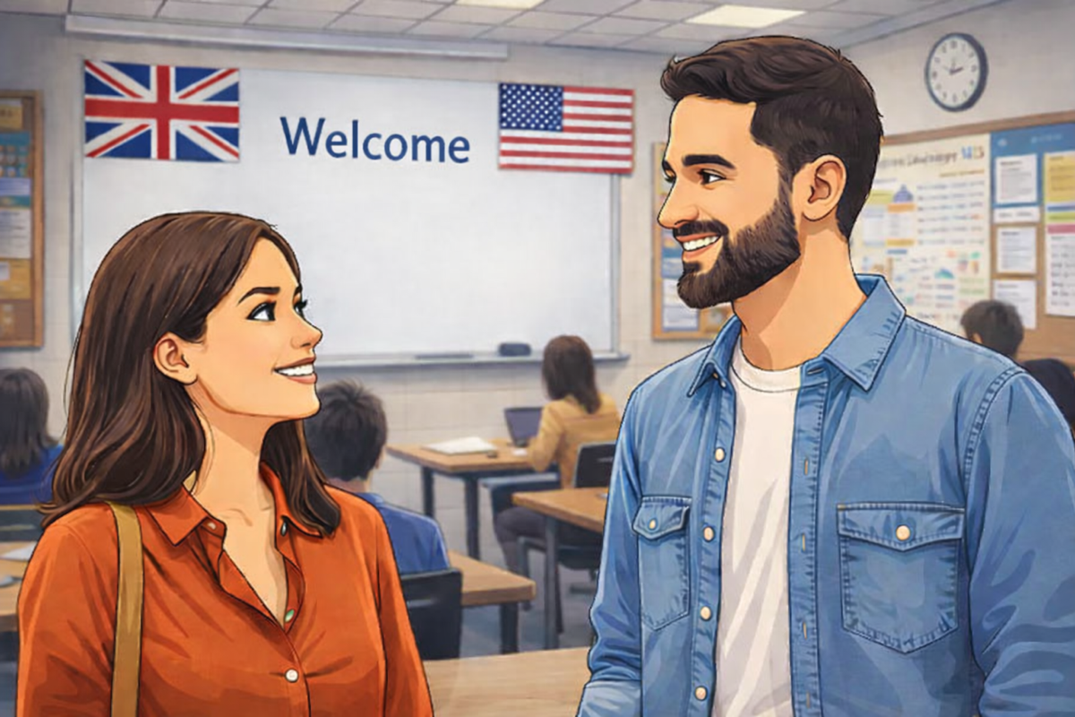 Two people talking outside.