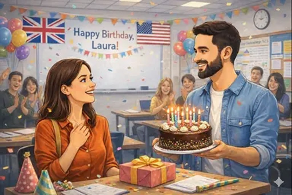 Students celebrating a birthday in a classroom.